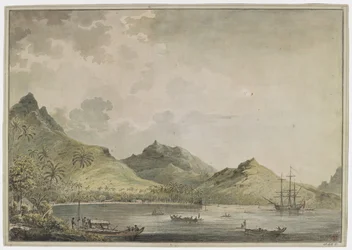 [Cały rysunek]. Widok na port Huahine [Fare Harbour]. ze szczytami gór, w tym górą Turi, w tle. W zatoce znajduje się „Resolution” i wiele rodzimych statków, a na brzegu grupa tubylców opiekuje się podwójnym kajakiem z pokładem