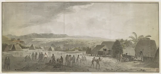 [Cały rysunek] Rysunek przedstawiający wizytę kapitana Cooka w wiosce Waimea, Atooi [Kauai], styczeń 1778. Niektórzy mężczyźni toczą beczki, inni wymieniają się z Hawajczykami. Po prawej stronie dwóch tubylców niosących świnię zawieszoną na słupie. Za nimi