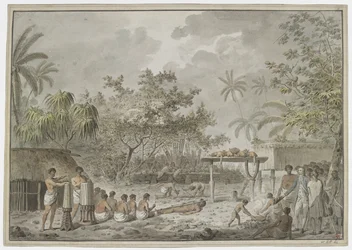 [Cały rysunek] Ofiara z ludzi na wielkim morai w Attahouroo [Utuaimahurau] na Tahiti, świadek kapitana Cooka w dniu 1 września 1777 r. Związana postać na pierwszym planie, z mężczyznami kopiącymi dół na ciało z tyłu i tym, co zawiera dwa psy i tr