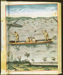 Jak Indianie łowią ryby, z „Admiranda Narratio...”, ryciny przez Theodore de Bry (1528-98) 1590 (patrz także 110123 i 111664)