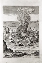 Indianie modlący się przy ognisku, rycina z dzieła Hariota "A Briefe and True Report of...Virginia", 1590, rytowany przez Theodora de Bry (1528-98)