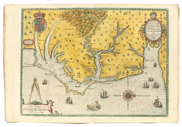 Mapa Wirginii przedstawiająca przybycie wyprawy Sir Waltera Raleigha w 1585, 1590