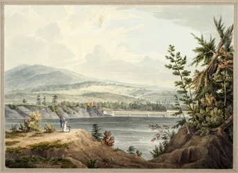Most na rzece Hudson w pobliżu Waterford, Nowy Jork, 1832 (akwarela, gwasz, szkliwo selektywne, grafit i skreślanie na papierze ułożonym na kartonie)