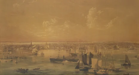 Nowy Jork znad East River, 1852 (pranie, gwasz i grafit)