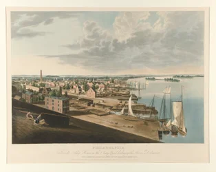 Filadelfia z Ship House w stoczni Navy Patrząc w górę rzeki Delaware