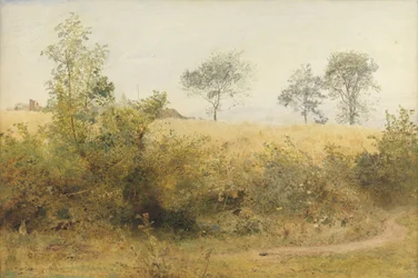 Nietoperz zaczyna się od Giddy Wing - Pole jęczmienia nad żywopłotem, 1885 (toaleta i ołówek z wydrapywaniem na papierze)