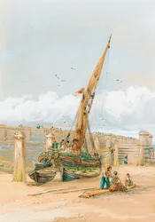 Rybacy plotkujący przed statkiem na plaży, 1846