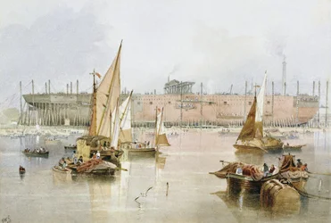 Transatlantycki liniowiec "Great Eastern" w 1857 r., przed ukończeniem budowy, w Millwall nad Tamizą (Anglia)