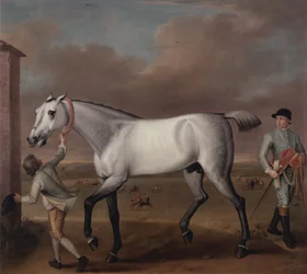 Siwy koń wyścigowy księcia Hamiltona, "Victorious", w Newmarket