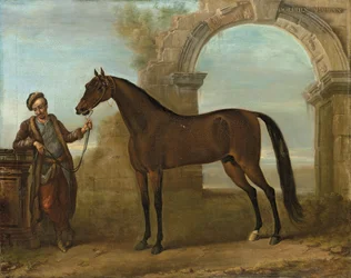 Godolphin Arabien, trzymany przez pana młodego, w krajobrazie ze zrujnowanym łukiem, 1731