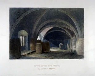 Krypta wypełniona beczkami pod kaplicą w Lambeth Palace, Londyn, 1851.