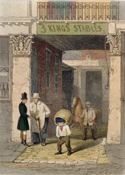 Pozostałości Clarendon House, Three Kings Livery Stables, Piccadilly, z "Vestiges of Old London", 1851 (akwaforta barwna)