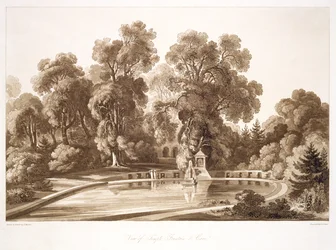 Widok na fontannę i jaskinię świątynną, Sezincote, rytowany przez Fredericka Christiana Lewisa seniora. (1779-1856), ok. 1817-18 (akwatinta w sepii) (patrz także 171663)