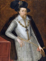 Jacques VI et Ier - Jacques Stuart - Portret króla Anglii Jakuba I (1566-1625) par. John De Critz (Decritz), Starszy (1551/2-1642), początek XVII w. - Olej na drewnie