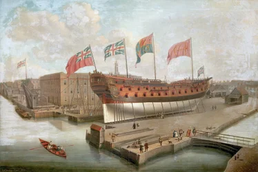 HMS "Buckingham" w dokach przed głównym magazynem Królewskiej Stoczni w Deptford (Anglia)