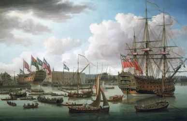 "Royal George" w Deptford (Anglia) podczas wodowania "Cambridge" w dniu 21 października.