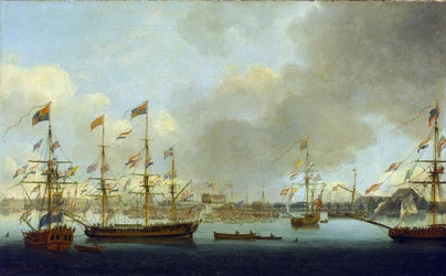 Wodowanie HMS "Alexander" w Deptford w Anglii w 1778 r., 74-działowego okrętu wojennego, który walczył podczas bitwy o Nil (lub bitwy pod Abukirem w 1798 r.).