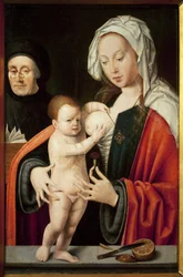 Dziewica, Dzieciątko i dawca. Obraz Joosa Van Cleve (1485-1540), olej na drewnie. Sztuka flamandzka XVI wieku. Musee Grobet Labadie, Marsylia.