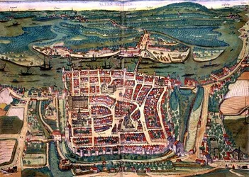 Mapa Altenstadt z „Civitates Orbis Terrarum” Georga Brauna (1541-1622) i Fransa Hogenberga (1535-90) c.1572-1617 (kolorowa rycina)