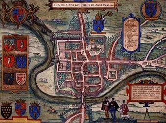 Mapa Chester z „Civitates Orbis Terrarum” Georga Brauna (1541-1622) i Fransa Hogenberga (1535-90) c.1572-1617 (kolorowa rycina)