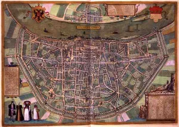 Mapa Duisburga z „Civitates Orbis Terrarum” Georga Brauna (1541-1622) i Fransa Hogenberga (1535-90), ok.1572 (kolorowa rycina)