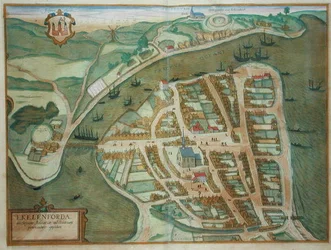 Mapa Ekelenforde z „Civitates Orbis Terrarum” Georga Brauna (1541-1622) i Fransa Hogenburga (1535-90), ok.1572 (kolorowa rycina)