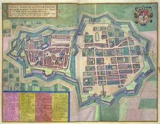 Mapa Nancy, z „Civitates Orbis Terrarum” Georga Brauna (1541-1622) i Fransa Hogenberga (1535-90) c.1572-1617 (kolorowa rycina)