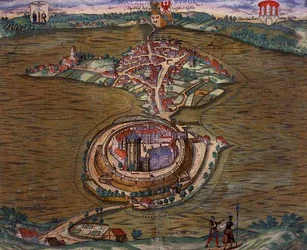 Mapa Ratzeburga z „Civitates Orbis Terrarum” Georga Brauna (1541-1622) i Fransa Hogenberga (1535-90) 1588 (kolorowa rycina)