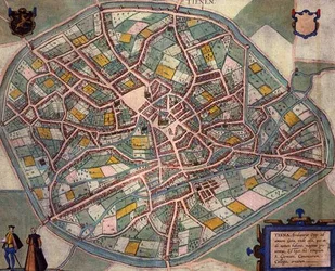 Mapa Tienen z „Civitates Orbis Terrarum” Georga Brauna (1541-1622) i Fransa Hogenberga (1535-90) c.1572-1617 (kolorowa rycina)