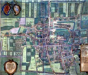 Mapa Hagi, z "Civitates Orbis Terrarum" autorstwa Georga Brauna (1541-1622) i Fransa Hogenburga (1535-90), ok. 1572 (rycina kolorowana)