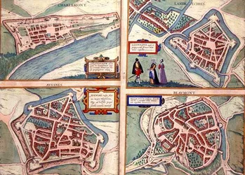 Mapy Charlemont, Landrechies, Avesnes i Beaumont z „Civitates Orbis Terrarum” Georga Brauna (1541-1622) i Fransa Hogenberga (1535-90) c.1572-1617 (kolorowa grawerunek)