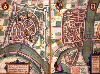 Mapy Grenoble i Romans-sur-Isere z „Civitates Orbis Terrarum” Georga Brauna (1541-1622) i Fransa Hogenberga (1535-90) c.1572-1617 (kolorowa grawerunek)
