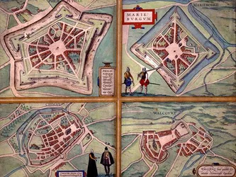 Mapy Philippeville, Mariembourg, Chimay i Walcourt, z „Civitates Orbis Terrarum” Georga Brauna (1541-1622) i Fransa Hogenberga (1535-90) c.1572-1617 (kolorowa grawerunek)