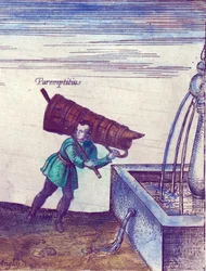 Uczeń pobierający wodę z fontanny, 1598 ręcznie kolorowany miedziany detal 324184