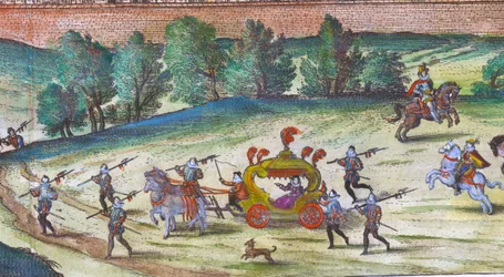 Przybycie królowej Elżbiety I do pałacu Nonesuch z jej dworzanami, strażnikami i psami, 1598 ręcznie kolorowany miedziany detal 324184