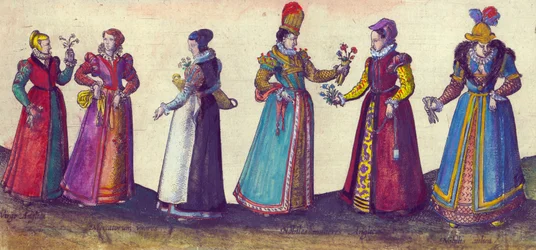 Angielki epoki elżbietańskiej, 1598 (ręcznie kolorowane miedzioryty)