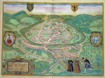 Mapa Besancon, z „Civitates Orbis Terrarum” Georga Brauna (1541-1622) i Fransa Hogenberga (1535-90), 1575 (kolorystyka)
