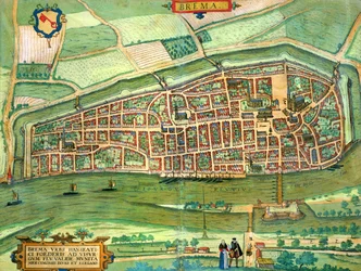 Mapa Bremy z „Miast świata” autorstwa Georga Brauna (1541-1622) i Fransa Hogenberga (1535-90) c.1572-1617
