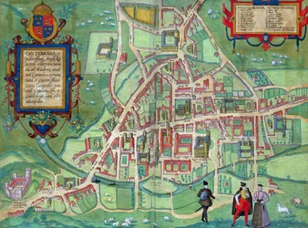 Mapa Cambridge, z "Civitates Orbis Terrarum" autorstwa Georga Brauna (1541-1622) i Fransa Hogenberga (1535-90), ok. 1572 r.