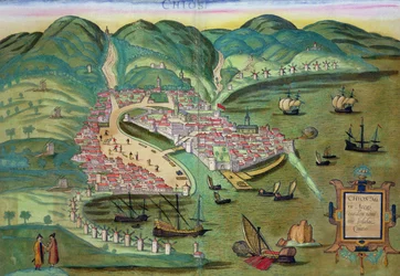 Mapa Chios, z „Civitates Orbis Terrarum” Georga Brauna (1541-1622) i Fransa Hogenberga (1535-90) c.1572-1617