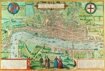 Mapa Londynu z „Civitates Orbis Terrarum”, autorstwa Georga Brauna (1542-1622) i Fransa Hogenburga (1635-90), ok.1572 (patrz także 51896 i 66112)