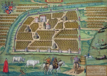 Mapa Moskwy z „Civitates Orbis Terrarum” Georga Brauna (1541-1622) i Fransa Hogenberga (1535-90), ok.1572 (kolorowa rycina)