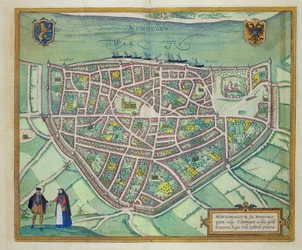 Mapa Nijmegen, z „Civitates Orbis Terrarum” Georga Brauna (1541-1622) i Fransa Hogenberga (1535-90) c.1572-1617