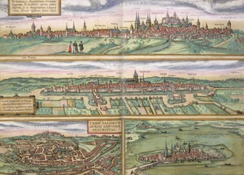 Mapa Norymbergi, Ulm i Salzburga, z „Civitates Orbis Terrarum” Georga Brauna (1541-1622) i Fransa Hogenberga (1535-90), ok. 1572