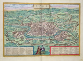 Mapa Rzymu, z "Civitates Orbis Terrarum" autorstwa Georga Brauna (1541-1622) i Fransa Hogenberga (1535-90), ok. 1572 r.