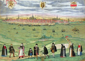 Mapa Rostocku, z „Civitates Orbis Terrarum” Georga Brauna (1541-1622) i Fransa Hogenberga (1535-90) c.1572-1617