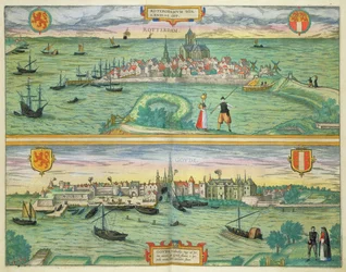 Mapa Rotterdamu i Goudy z „Civitates Orbis Terrarum” Georga Brauna (1541-1622) i Fransa Hogenberga (1535-90) c.1572-1617