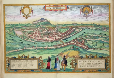 Mapa Salzburga, z «Civitates Orbis Terrarum» Georga Brauna (1541-1622) i Fransa Hogenberga (1535-90), ok. 1572-1617