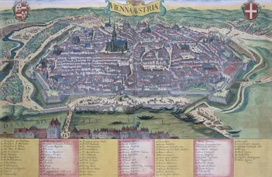 Mapa Wiednia, z "Civitates Orbis Terrarum" autorstwa Georga Brauna (1541-1622) i Fransa Hogenberga (1535-90) ok. 1572-1617