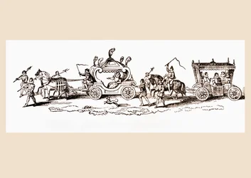 Królowa Anglii Elżbieta I w swoim autokarze, z „Historii pałacu Hampton Court w czasach Tudorów” Ernesta Law, opublikowanej w Londynie 1885